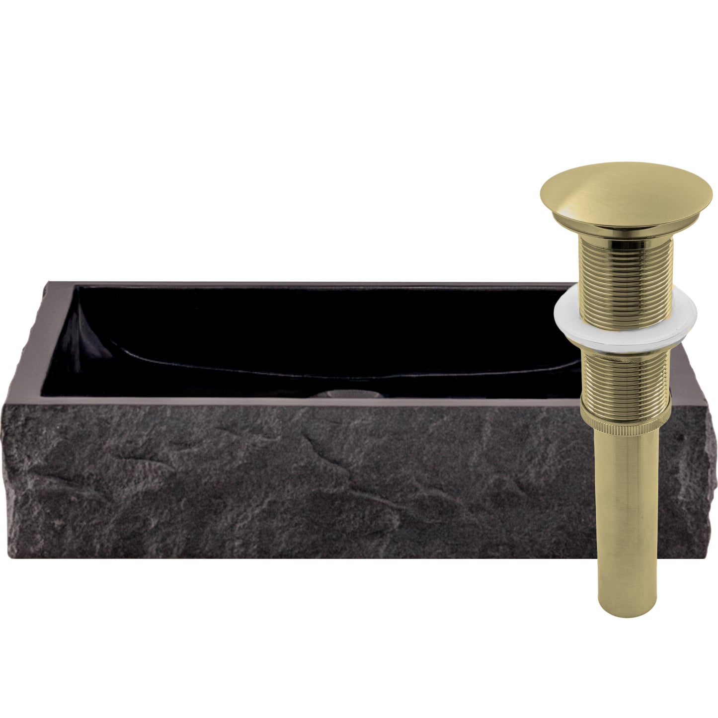 Natural black granite square vessel sink with chiseled exterior by Novatto, showcasing a sleek, modern bathroom countertop feature.