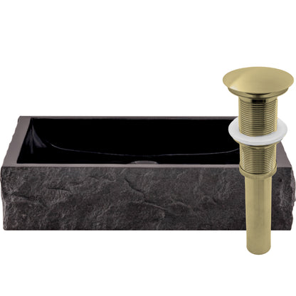 Natural black granite square vessel sink with chiseled exterior by Novatto, showcasing a sleek, modern bathroom countertop feature.
