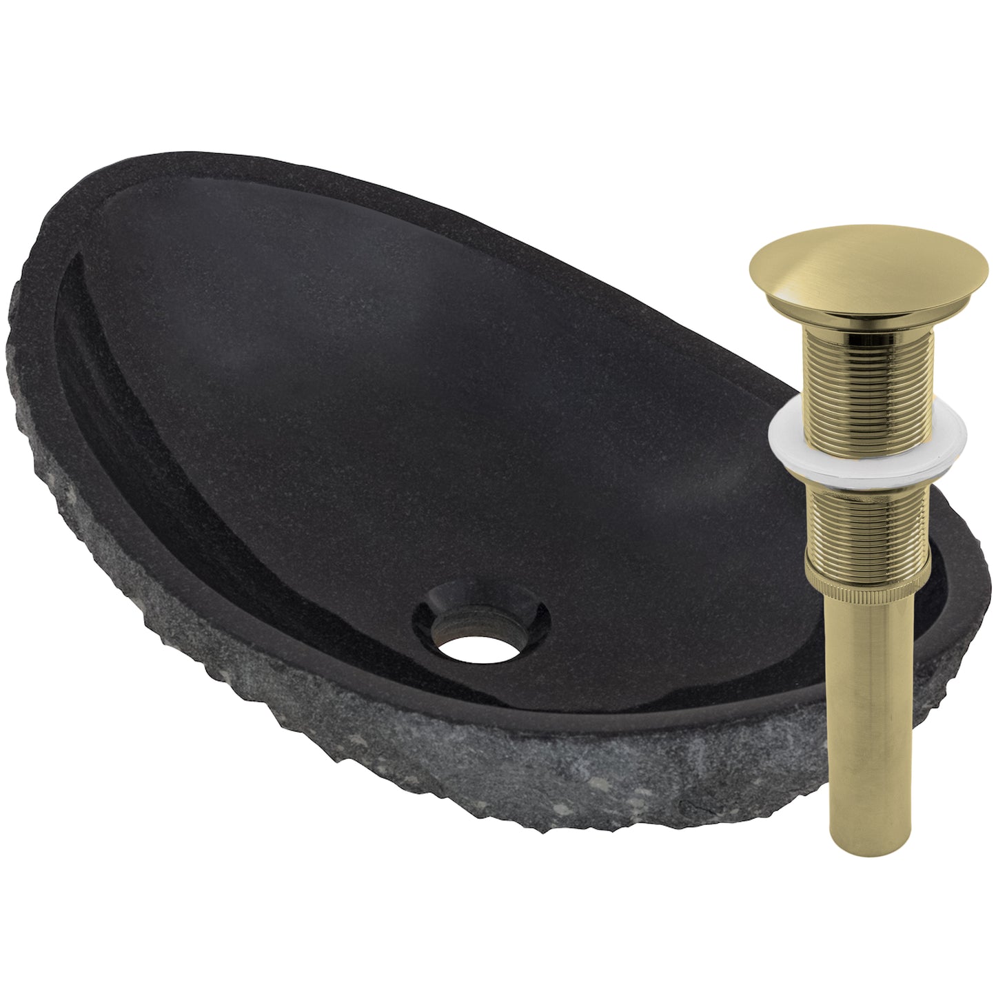 Natural black granite vessel sink by Novatto, transitional style bathroom basin with smooth, rounded design and polished finish.