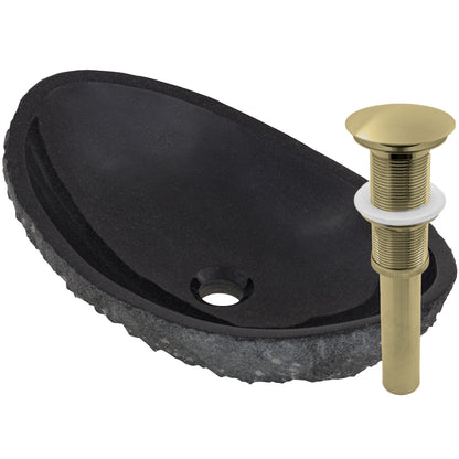 Natural black granite vessel sink by Novatto, transitional style bathroom basin with smooth, rounded design and polished finish.
