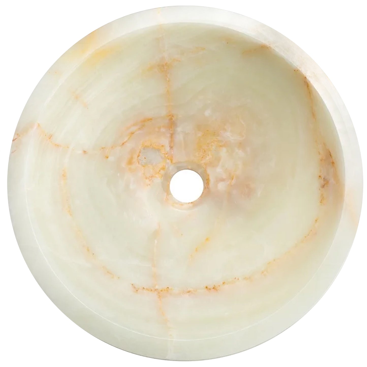 Transitional white onyx stone bathroom vessel sink by Novatto, top view showcasing smooth, polished surface and elegant design.