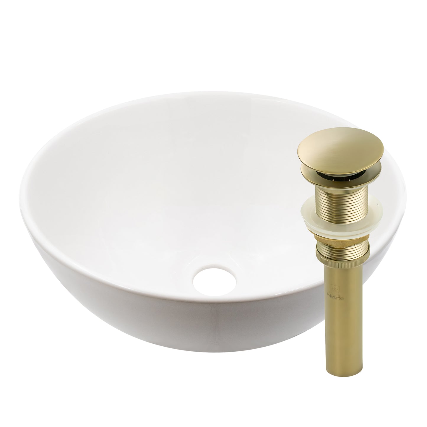 White porcelain vessel bath sink, 11-inch round shape from Novatto's NP-208206 series, with smooth glossy finish.
