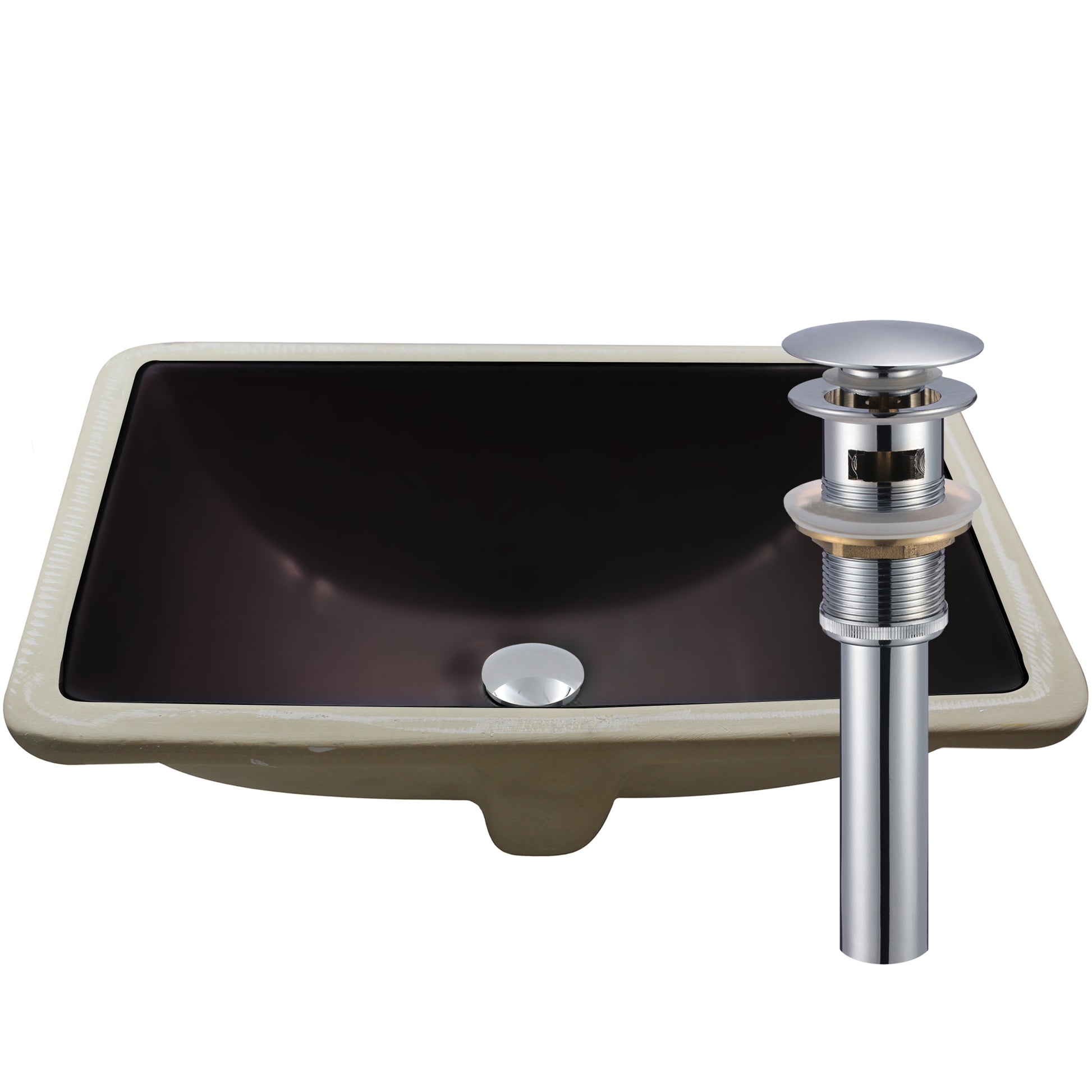 Black ceramic rectangular undermount bathroom sink with overflow by Novatto, designed for sleek, modern bathroom installations.