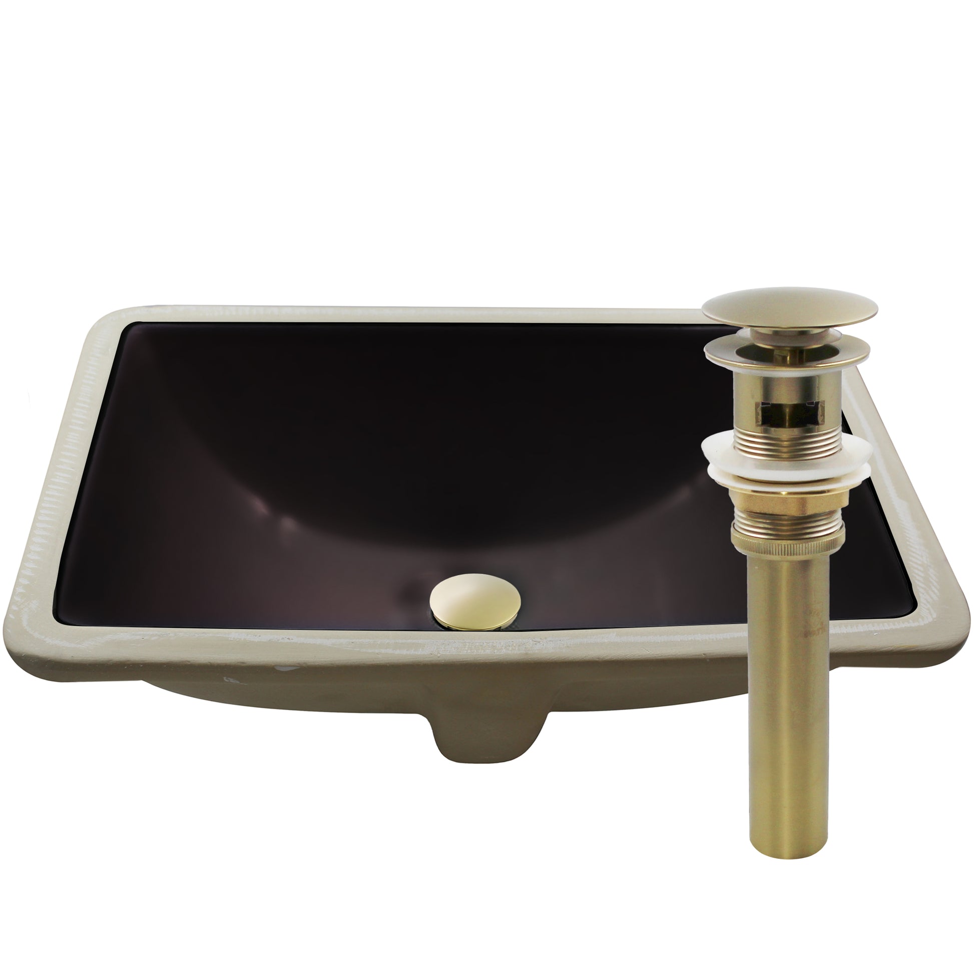 Black ceramic undermount bathroom sink with overflow, rectangular shape by Novatto, model NP-U193902GB, installed beneath countertop.