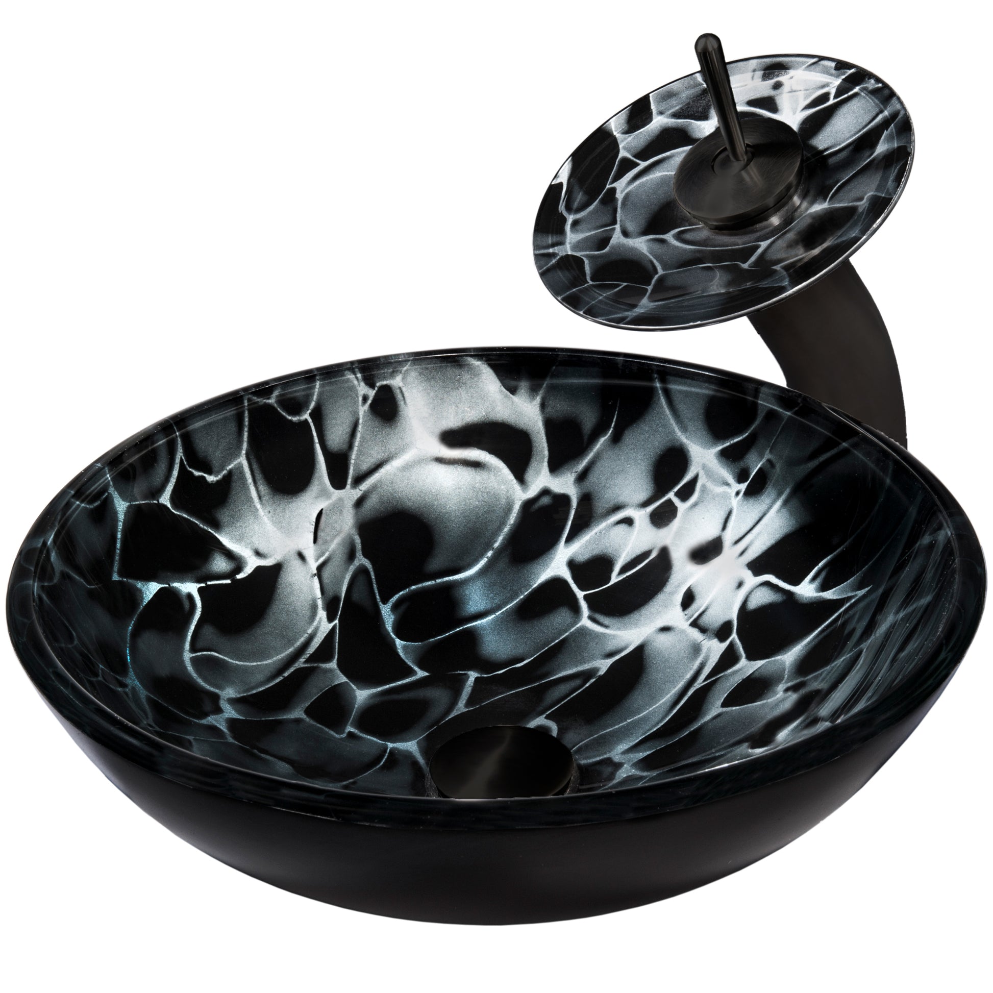 Modern black glass round hand-painted bath sink from Novatto's bathroom combo series, shown in three-quarter view.