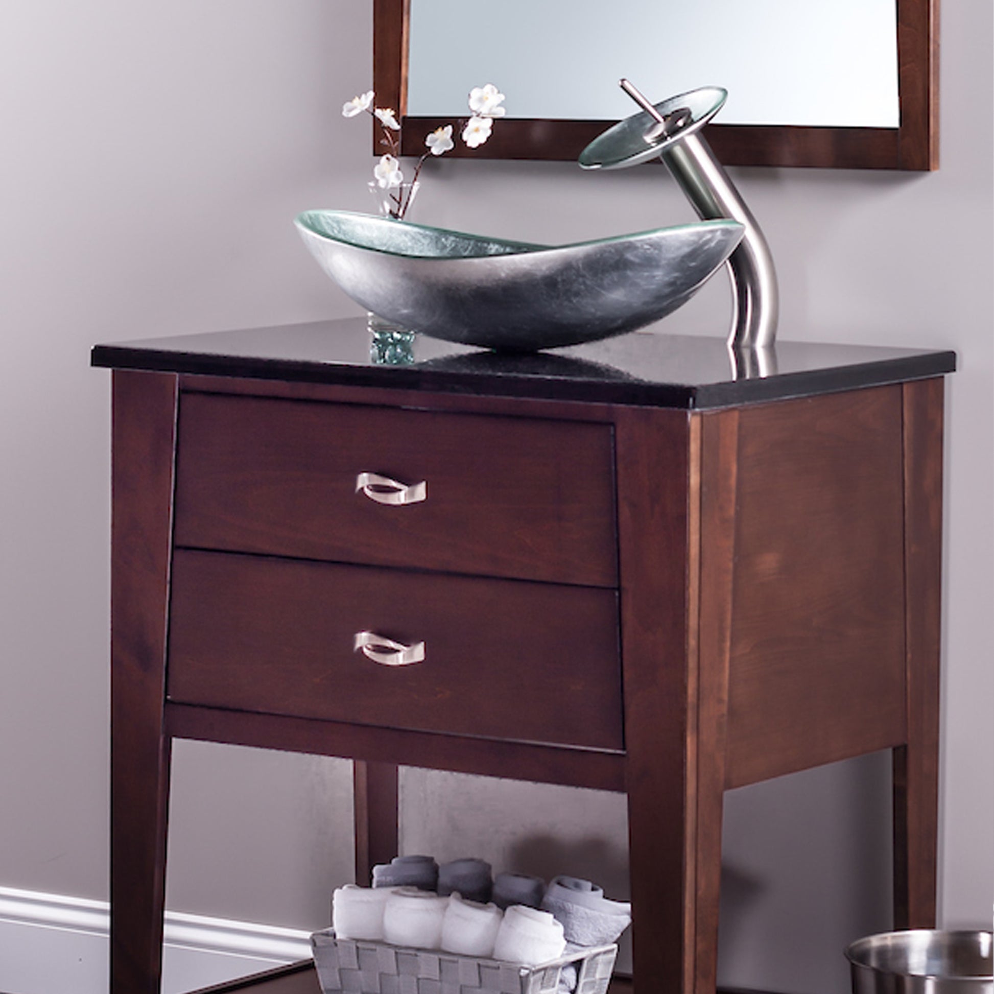Silver foiled oval tempered glass vessel bathroom sink by Novatto, modern design with smooth oval shape and sleek surface.