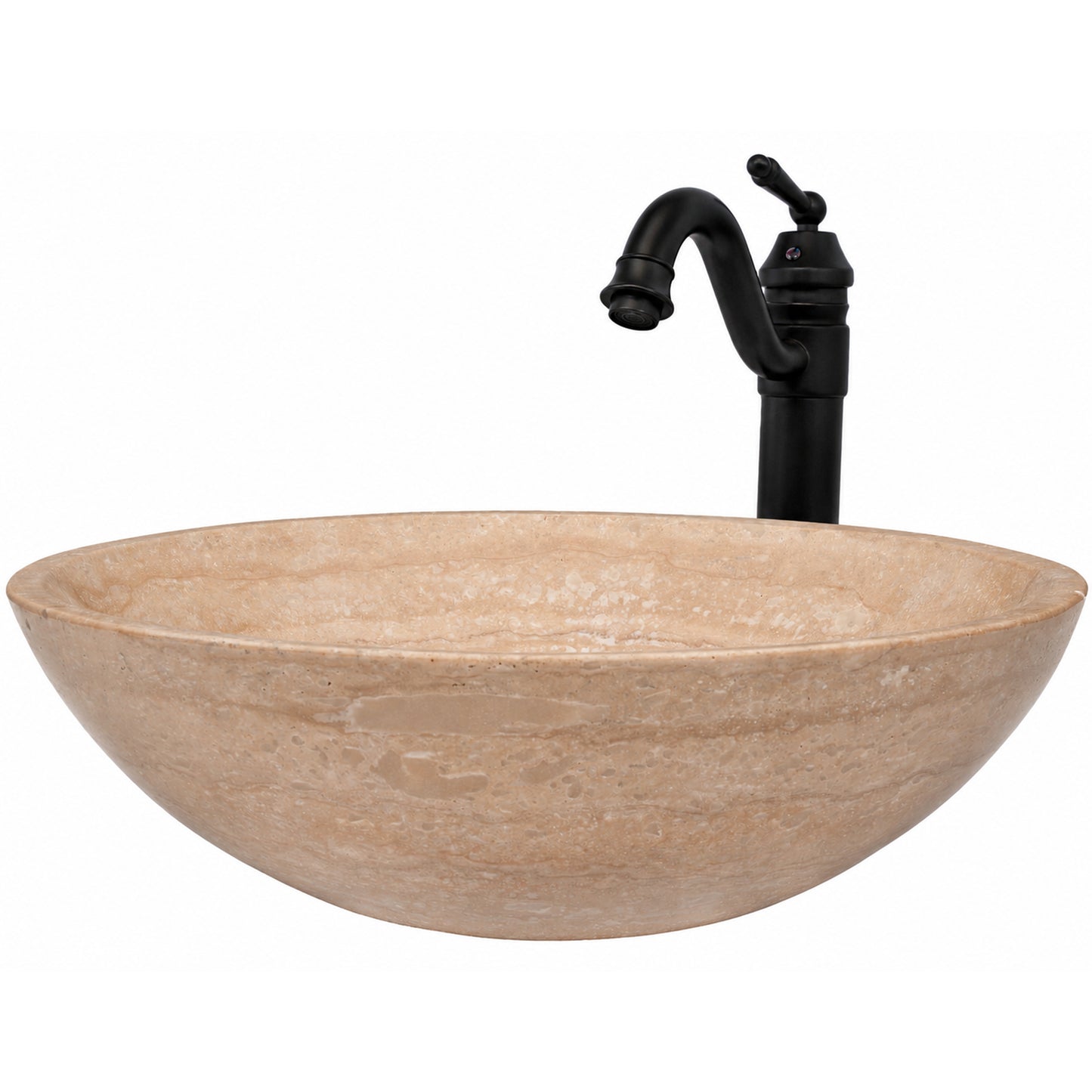 Round beige travertine stone vessel sink combo by Novatto, featuring a transitional bathroom design with front view.