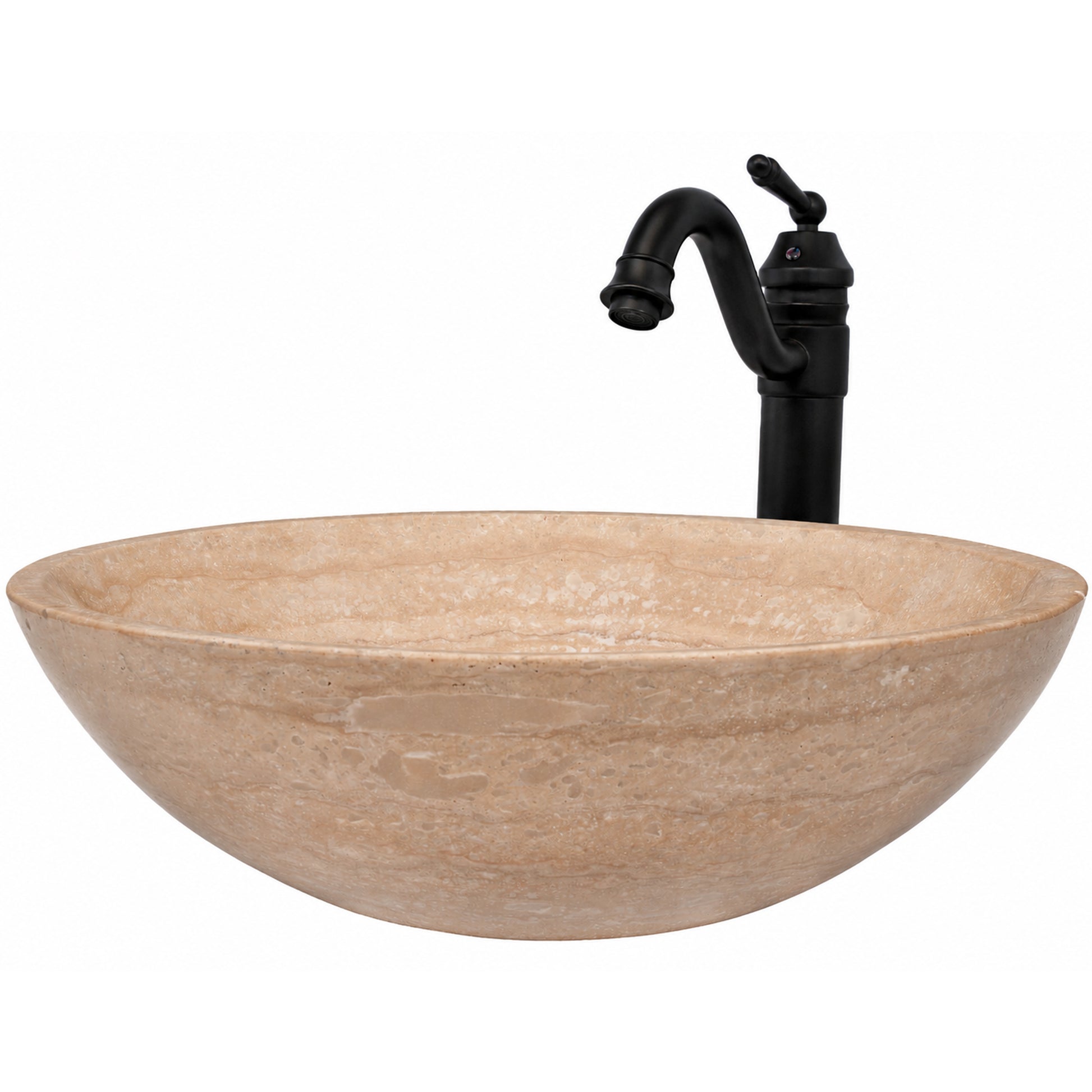 Round beige travertine stone vessel sink combo by Novatto, featuring a transitional bathroom design with front view.