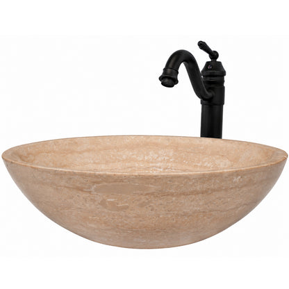 Round beige travertine stone vessel sink combo by Novatto, featuring a transitional bathroom design with front view.