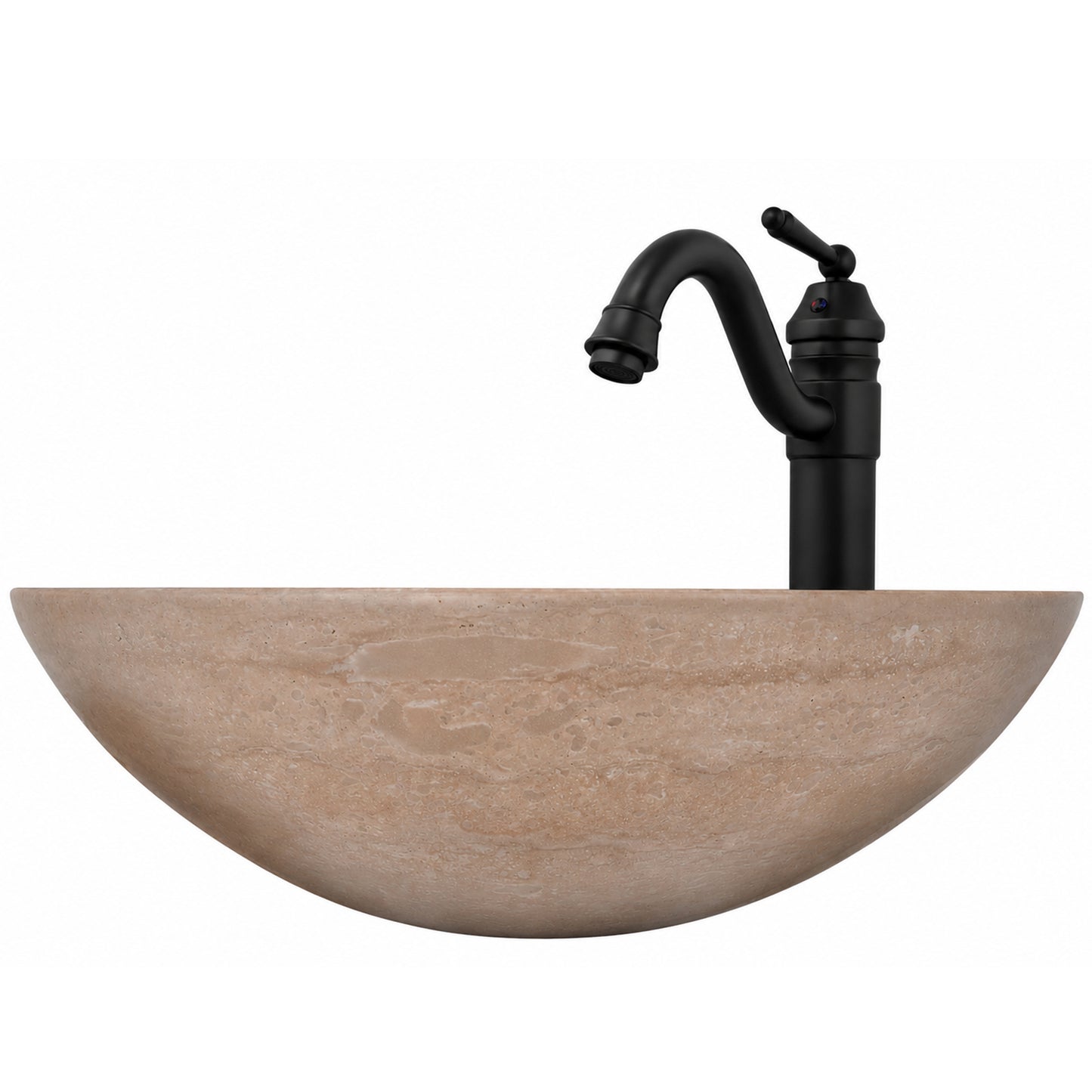 Round beige travertine stone vessel sink and transitional bathroom combo by Novatto, front view showcasing smooth stone surface.