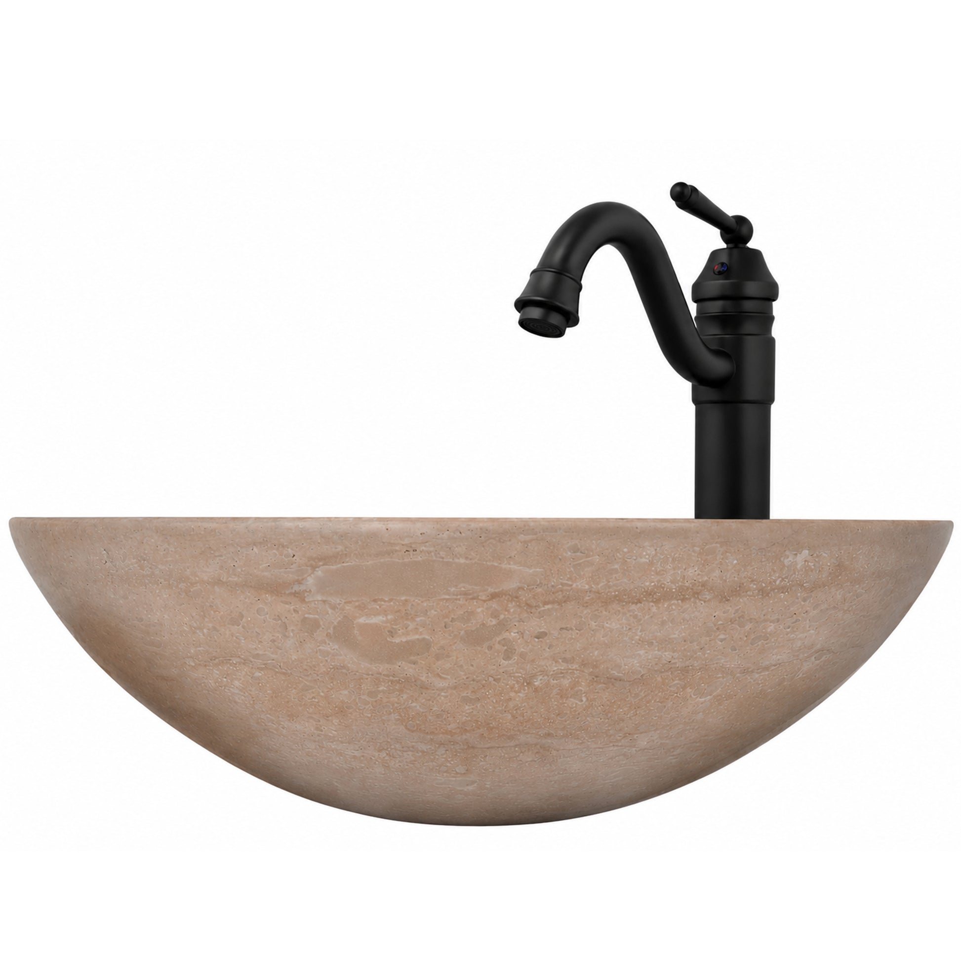 Round beige travertine stone vessel sink and transitional bathroom combo by Novatto, front view showcasing smooth stone surface.