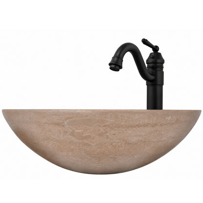 Round beige travertine stone vessel sink and transitional bathroom combo by Novatto, front view showcasing smooth stone surface.