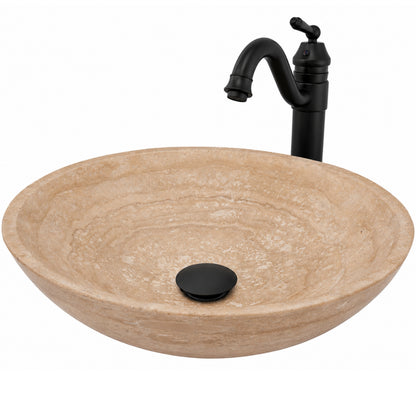 Round beige travertine stone vessel sink with transitional bathroom combo, featuring a faucet and matching countertop in a three-quarter view.