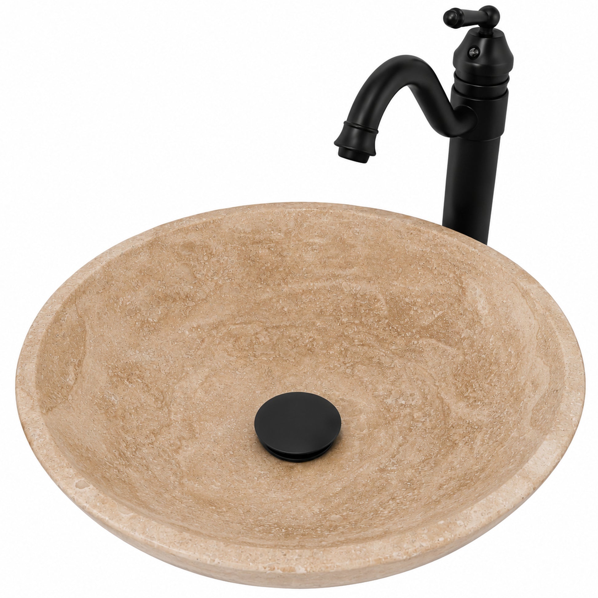 Round beige travertine stone vessel sink with transitional bathroom combo, top view, by Novatto.