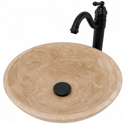 Round beige travertine stone vessel sink with transitional bathroom combo, top view, by Novatto.