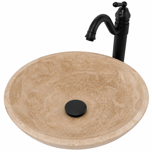 Round beige travertine stone vessel sink with transitional bathroom combo, top view, by Novatto.