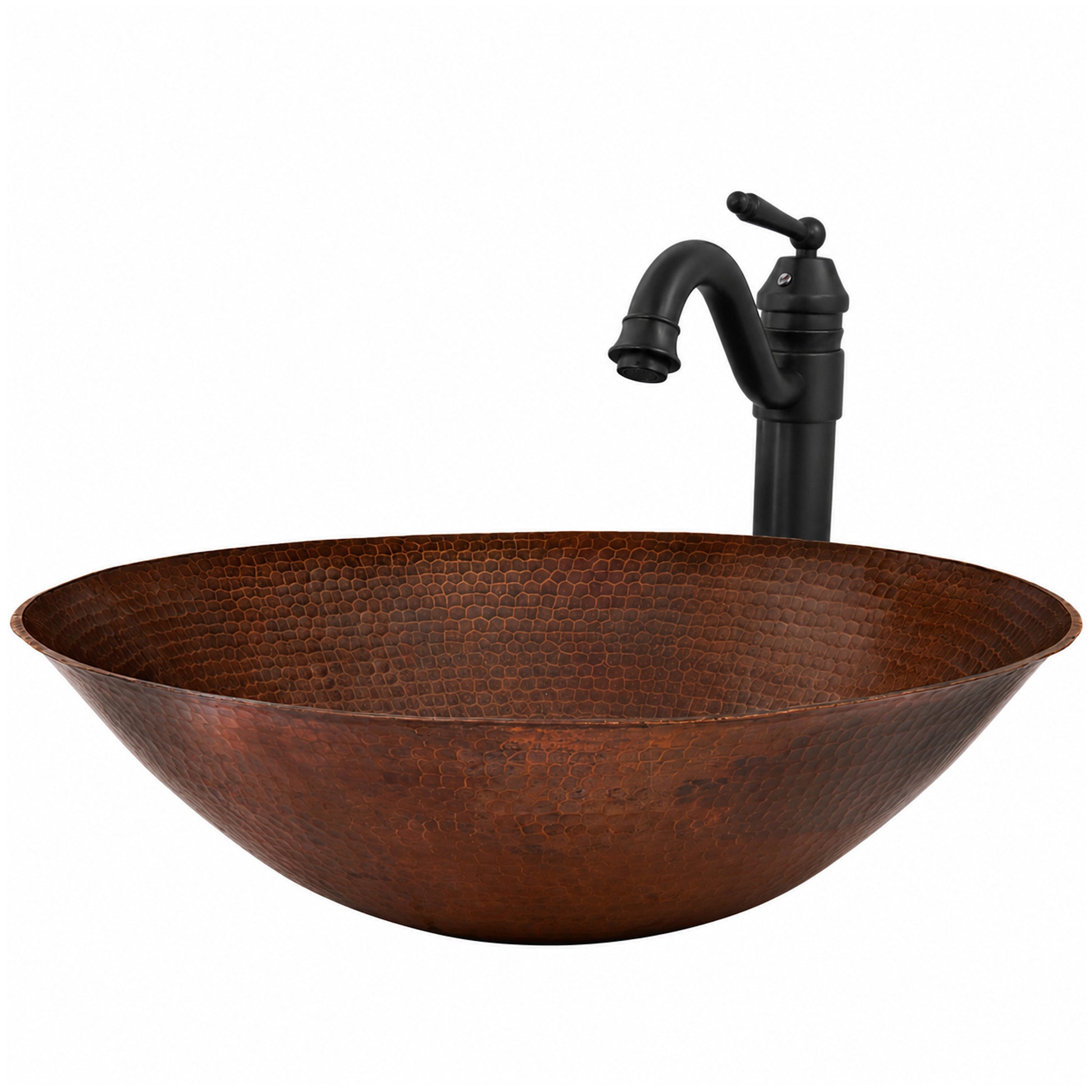 Traditional hammered copper bathroom sink by Novatto, side view showing vessel design and included faucet and drain features.