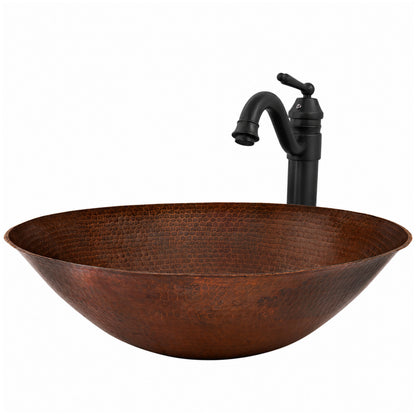 Traditional hammered copper bathroom sink by Novatto, side view showing vessel design and included faucet and drain features.