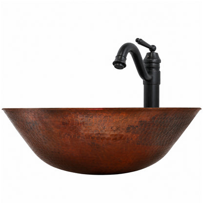 Traditional hammered copper bathroom sink from Novatto, side view showing vessel design and elegant finish.