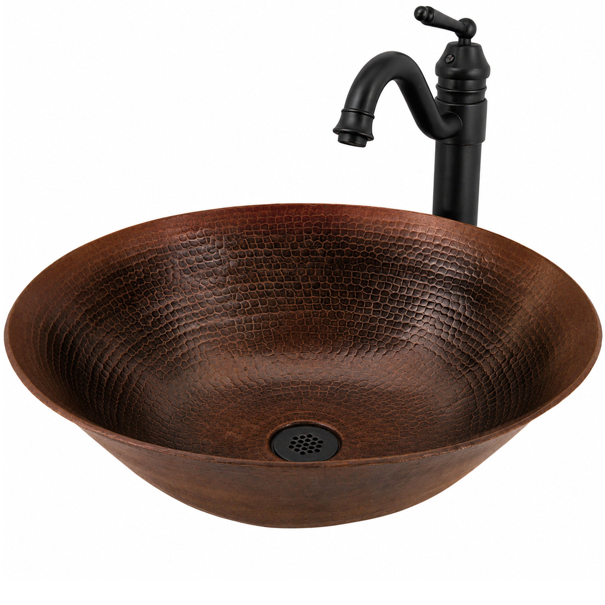 Traditional hammered copper bathroom sink by Novatto, three-quarter view showing vessel design and finish.