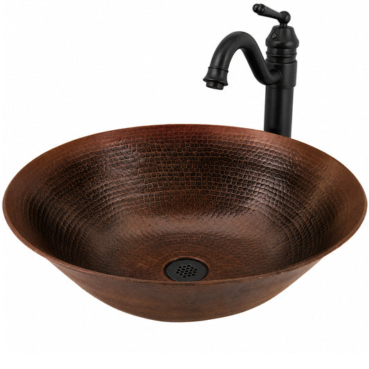Traditional hammered copper bathroom sink by Novatto, three-quarter view showing vessel design and finish.