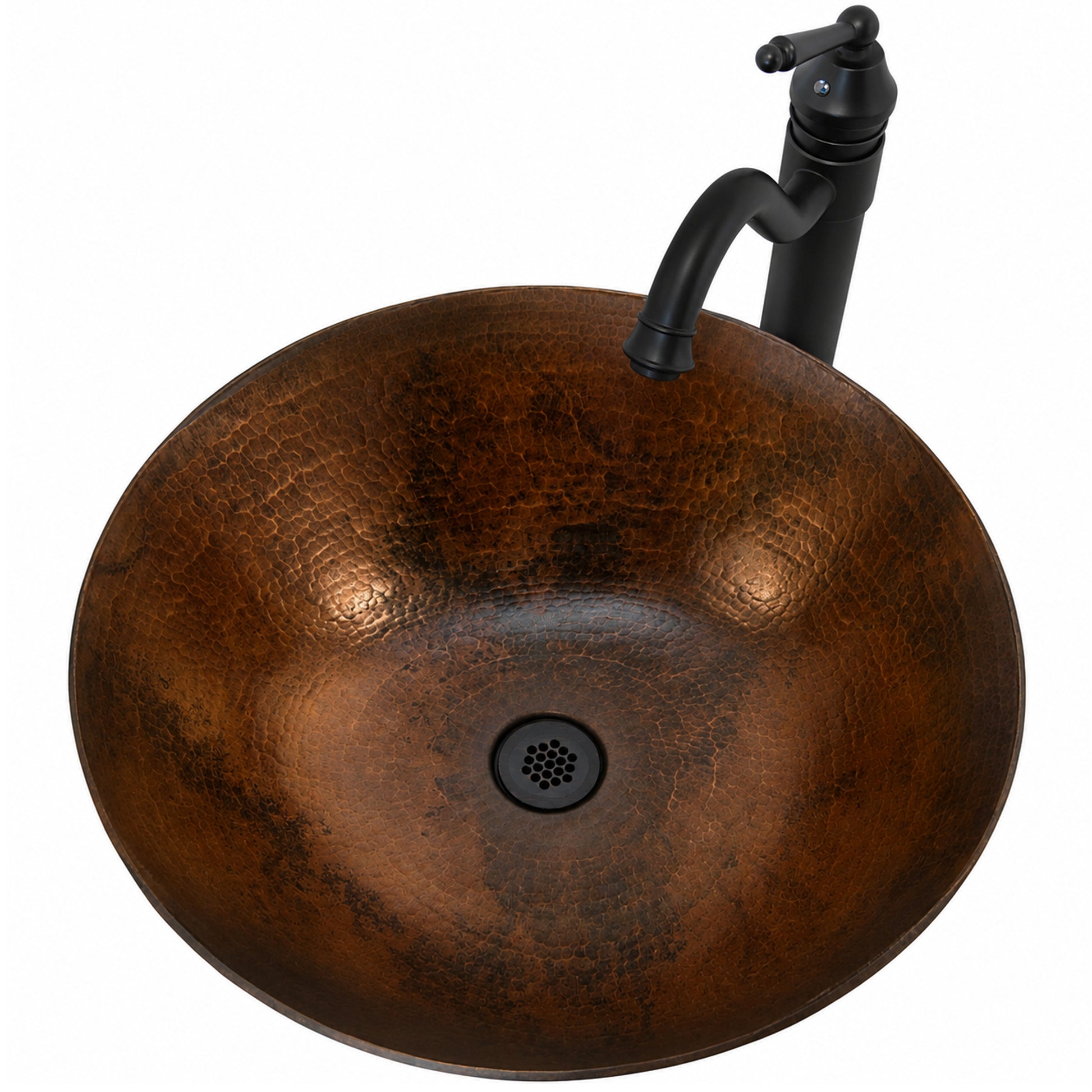 Traditional hammered copper bathroom sink by Novatto, top view of vessel with matching faucet and drain, elegant and durable design.