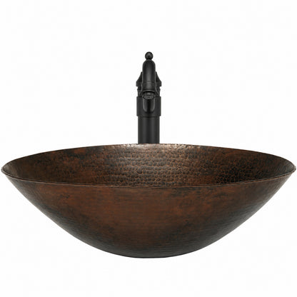 Traditional oval hammered copper bathroom vessel sink and faucet combo by Novatto, front view showcasing the hammered finish.