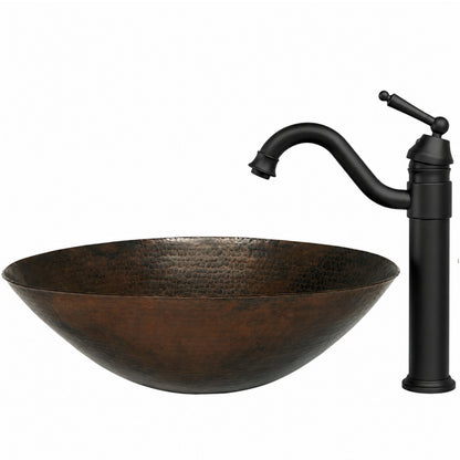 Side view of Novatto oval hammered copper vessel bath sink and traditional bathroom combo, showcasing the textured copper finish and elegant design.
