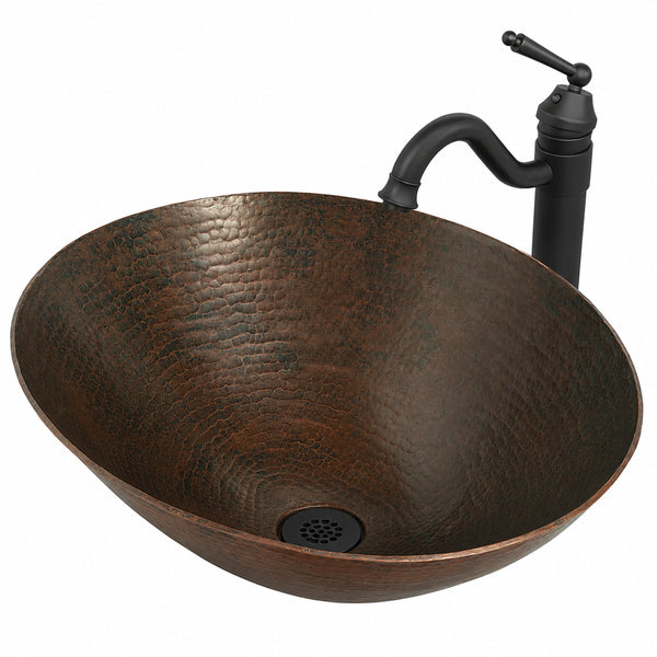 Oval hammered copper vessel bath sink and traditional bathroom combo by Novatto, shown from a three-quarter view.