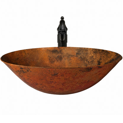 Traditional hammered copper vessel bath sink combo by Novatto, front view showing oval shape and hammered finish.