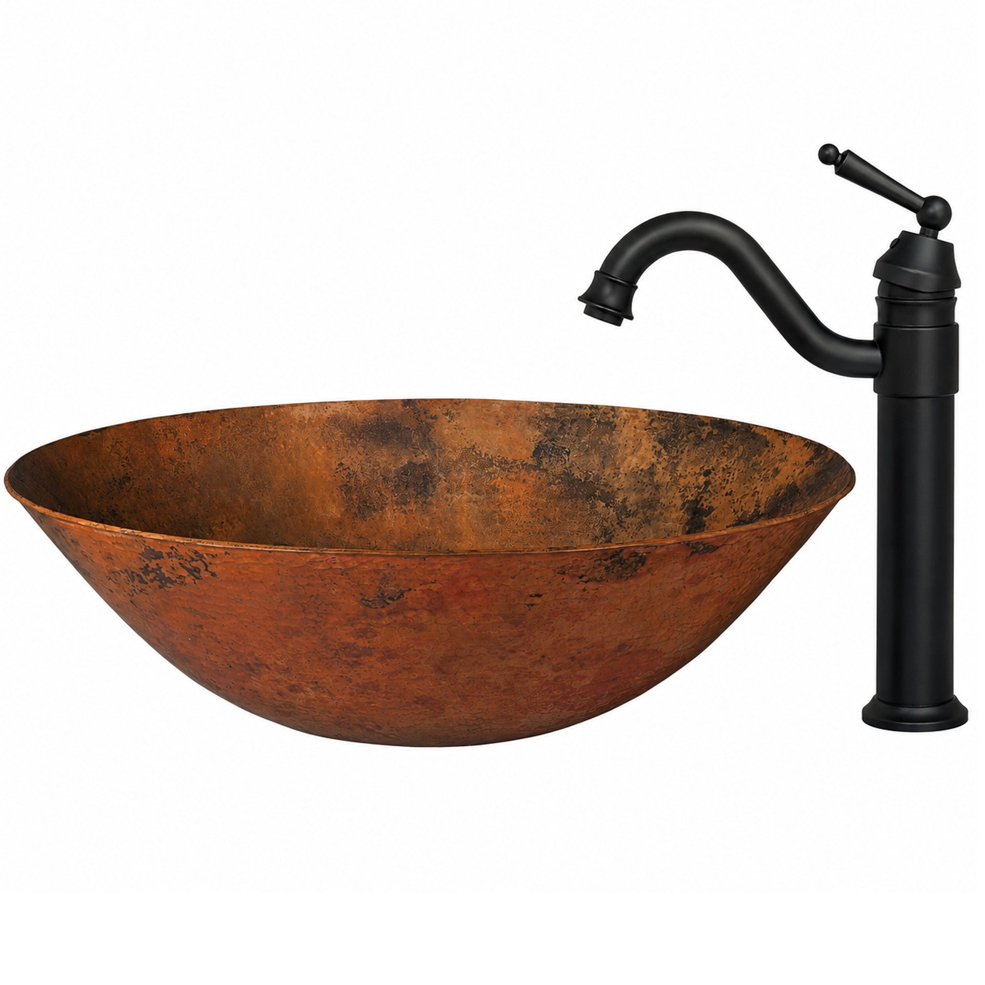 Side view of Novatto traditional oval hammered copper vessel bath sink combo with matching faucet, showcasing its elegant hammered finish.