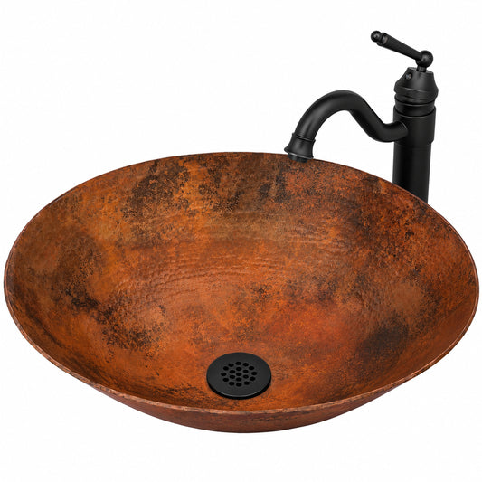 Traditional oval hammered copper vessel bath sink with included faucet and base in a three-quarter view, by Novatto.