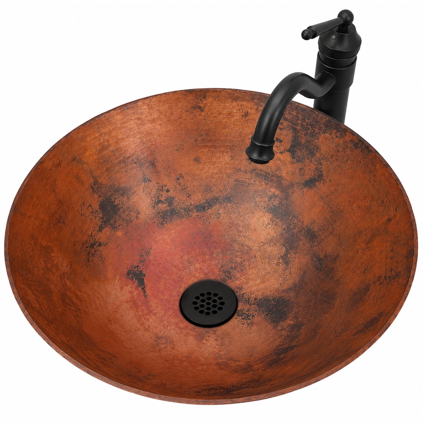 Top view of Novatto oval hammered copper bathroom sink and vessel combo, showcasing its traditional design and hammered finish.