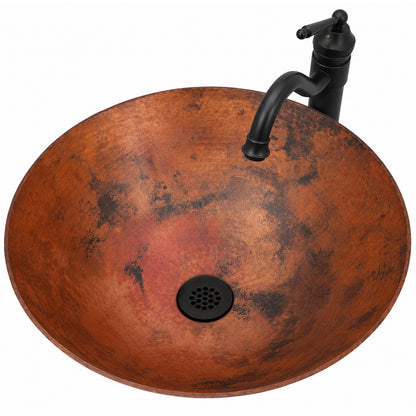 Top view of Novatto oval hammered copper bathroom sink and vessel combo, showcasing its traditional design and hammered finish.