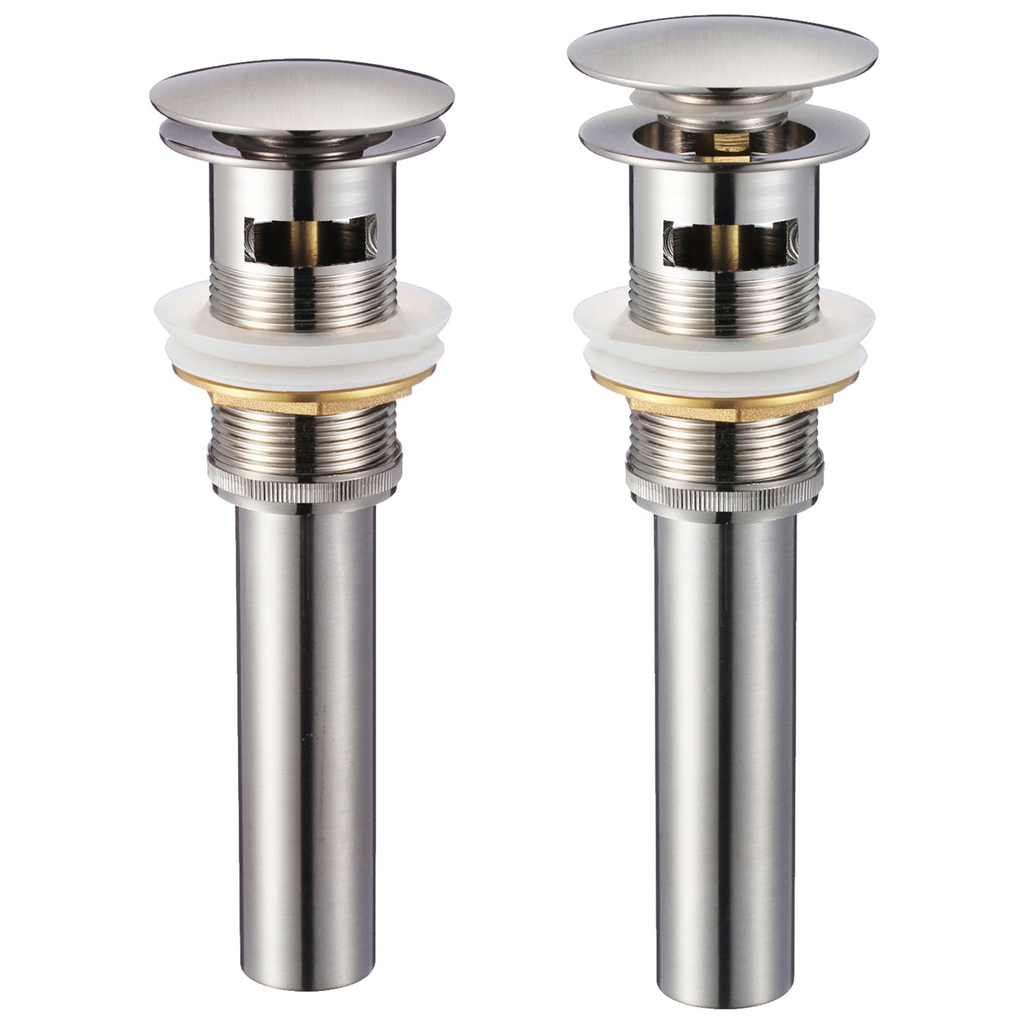 Novatto PUD-O series pop-up drain with overflow, bathroom sink accessory, double view showing chrome finish and installation details.