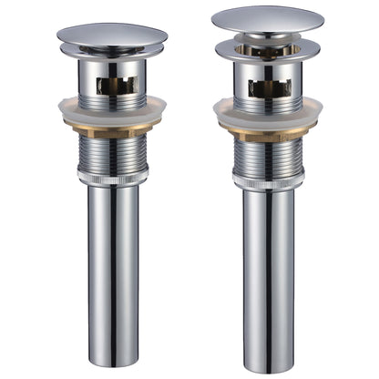 Novatto PUD-O series pop-up drain with overflow, bathroom sink accessory, double view showing chrome finish and connection details.