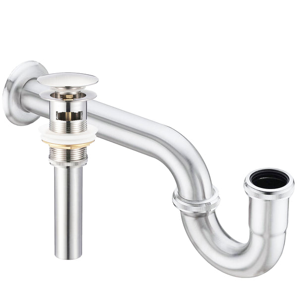 Solid brass pop-up drain with overflow and U-shaped P-trap, Novatto PUD-O-TRAP series bathroom sink drain accessory.