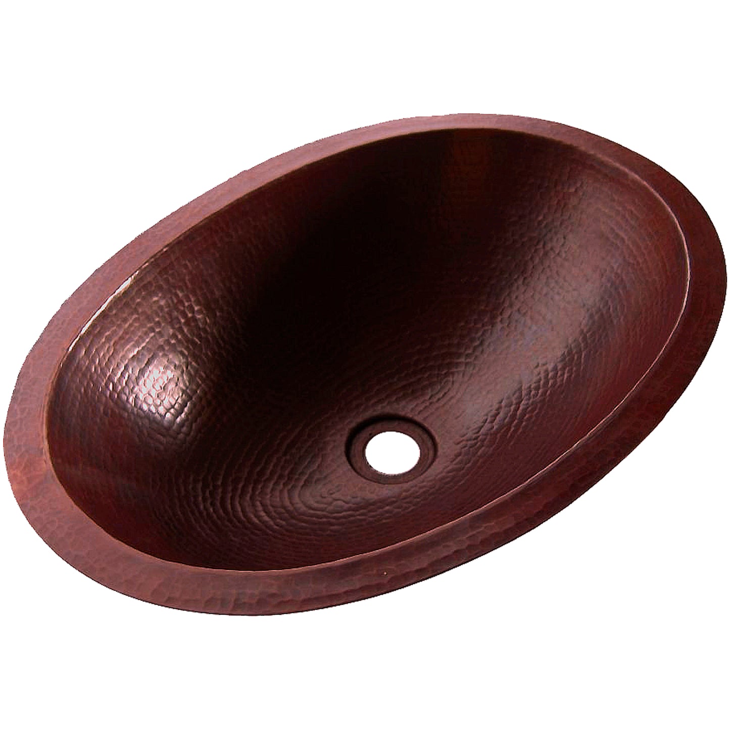 Traditional oval copper undermount bath sink by Novatto with antique finish, three-quarter view showing smooth, rounded edges.