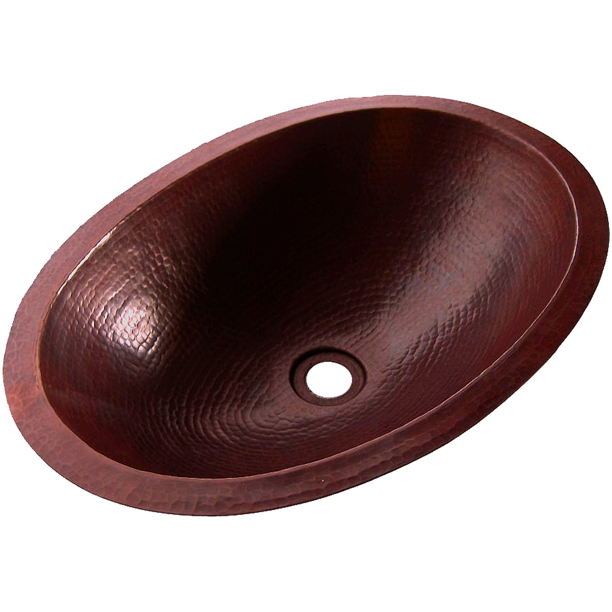 Traditional oval copper undermount bath sink by Novatto with antique finish, three-quarter view showing smooth, rounded edges.
