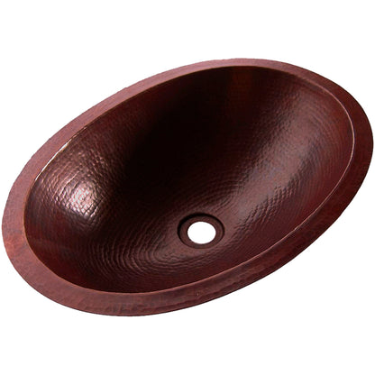 Traditional oval copper undermount bath sink by Novatto with antique finish, three-quarter view showing smooth, rounded edges.