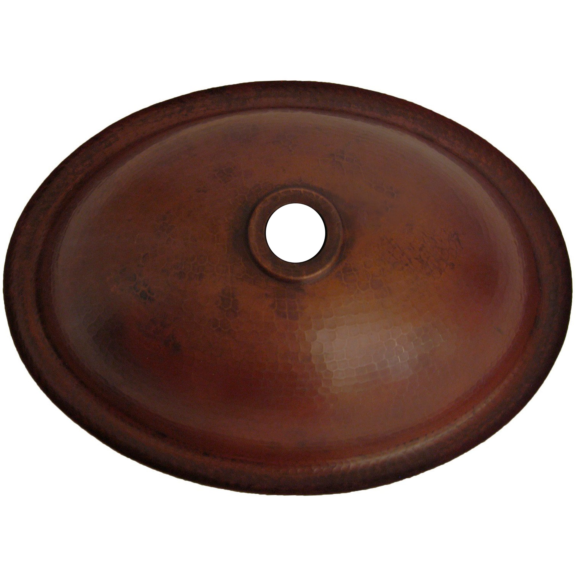 Bottom view of Novatto oval rolled rim copper drop-in bath sink in antique finish, traditional bathroom sink design