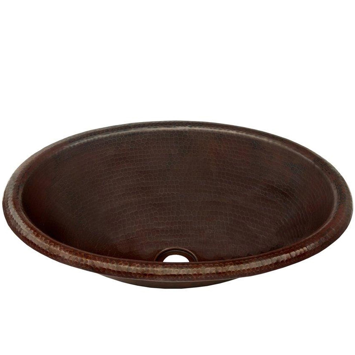 Traditional oval copper drop-in bathroom sink with rolled rim in antique finish by Novatto, shown from a three-quarter view.
