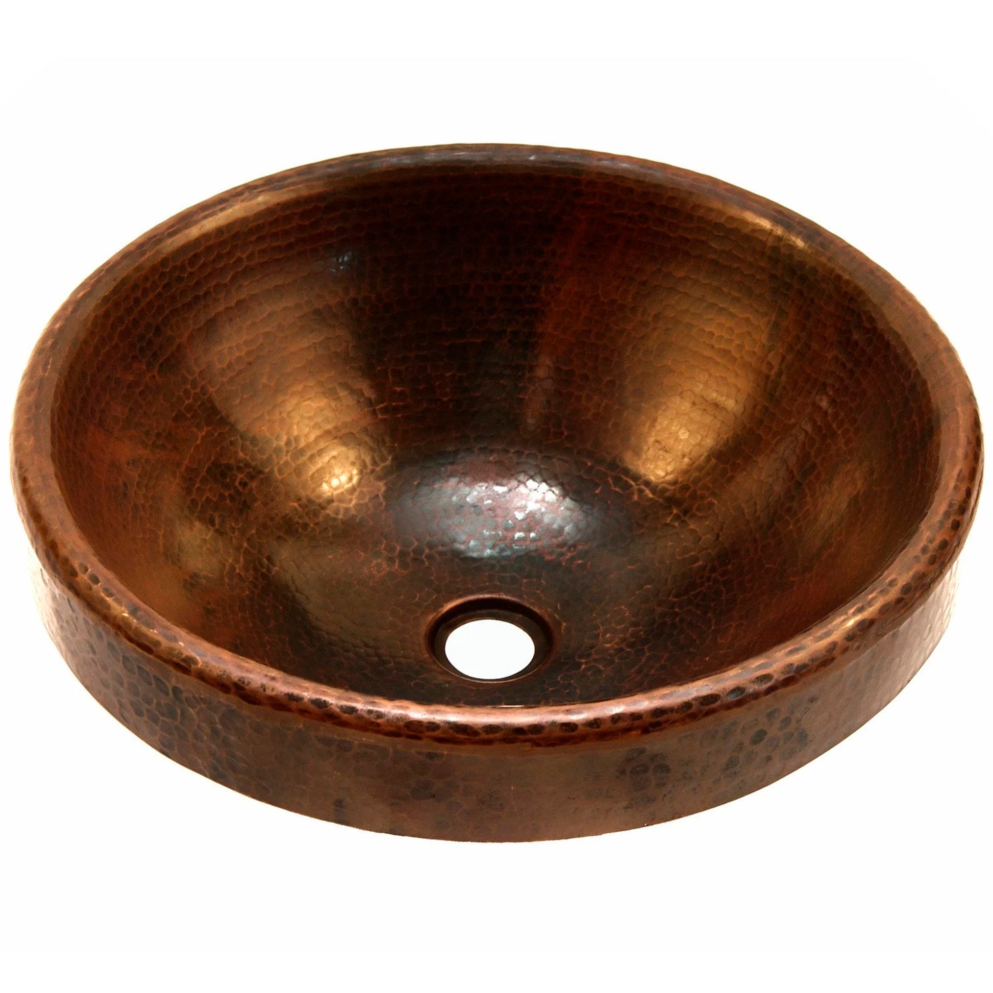 Traditional round copper drop-in bathroom sink by Novatto, antique finish, front view showing smooth interior and rounded exterior.