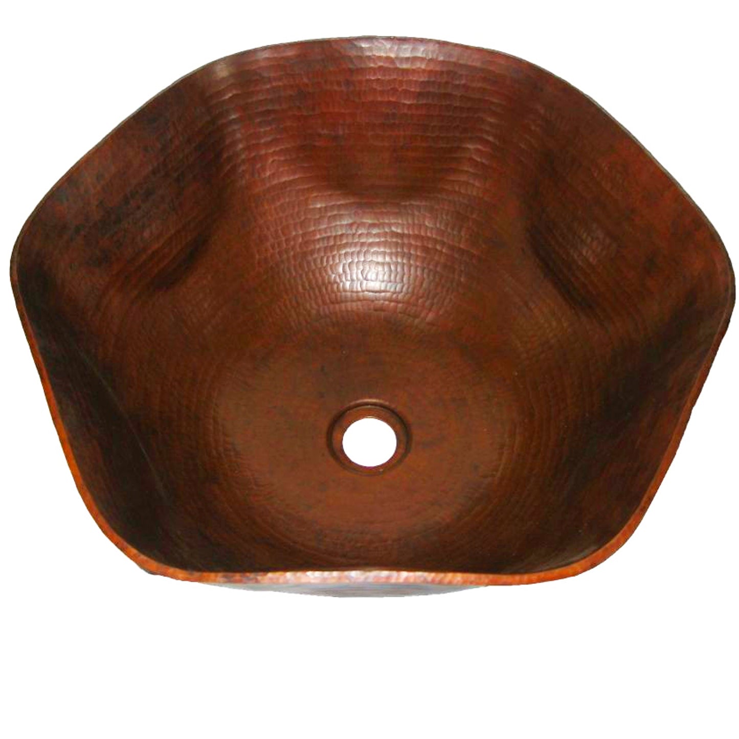 Traditional hammered copper vessel sink with scalloped edges in antique finish, top view, by Novatto.