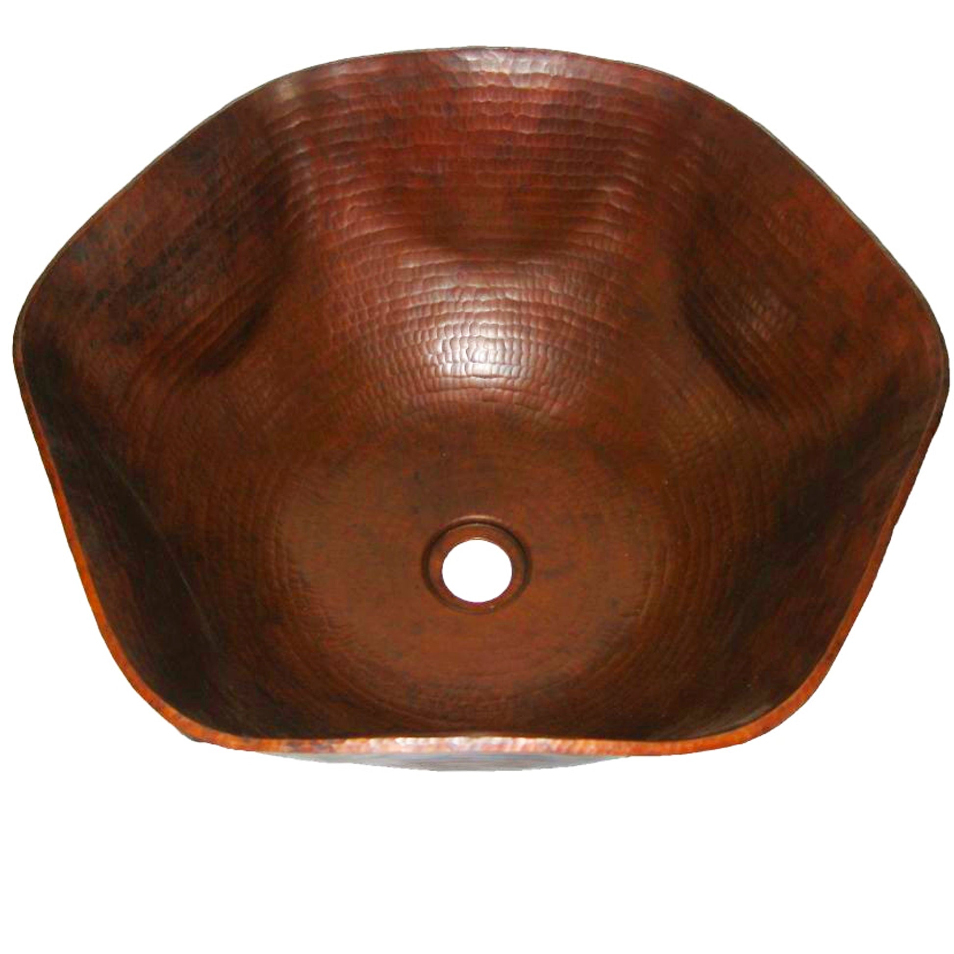 Traditional hammered copper vessel sink with scalloped edges in antique finish, top view, by Novatto.
