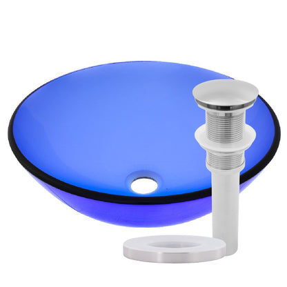 Blue round tempered glass vessel bathroom sink by Novatto with modern design, smooth surface, and sleek rounded shape.