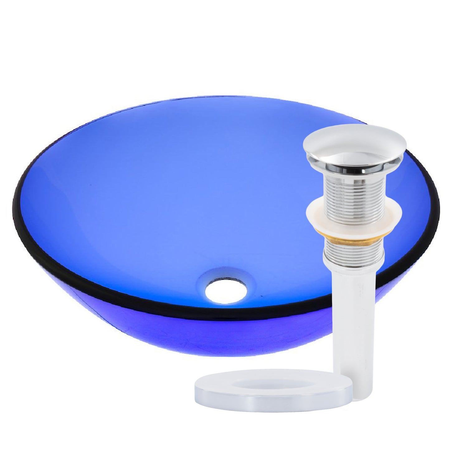 Blue round tempered glass vessel bathroom sink by Novatto, modern design with smooth glass surface and sleek round shape.