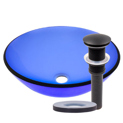Blue round tempered glass vessel bathroom sink by Novatto with modern design, smooth curved surface, and sleek round shape.