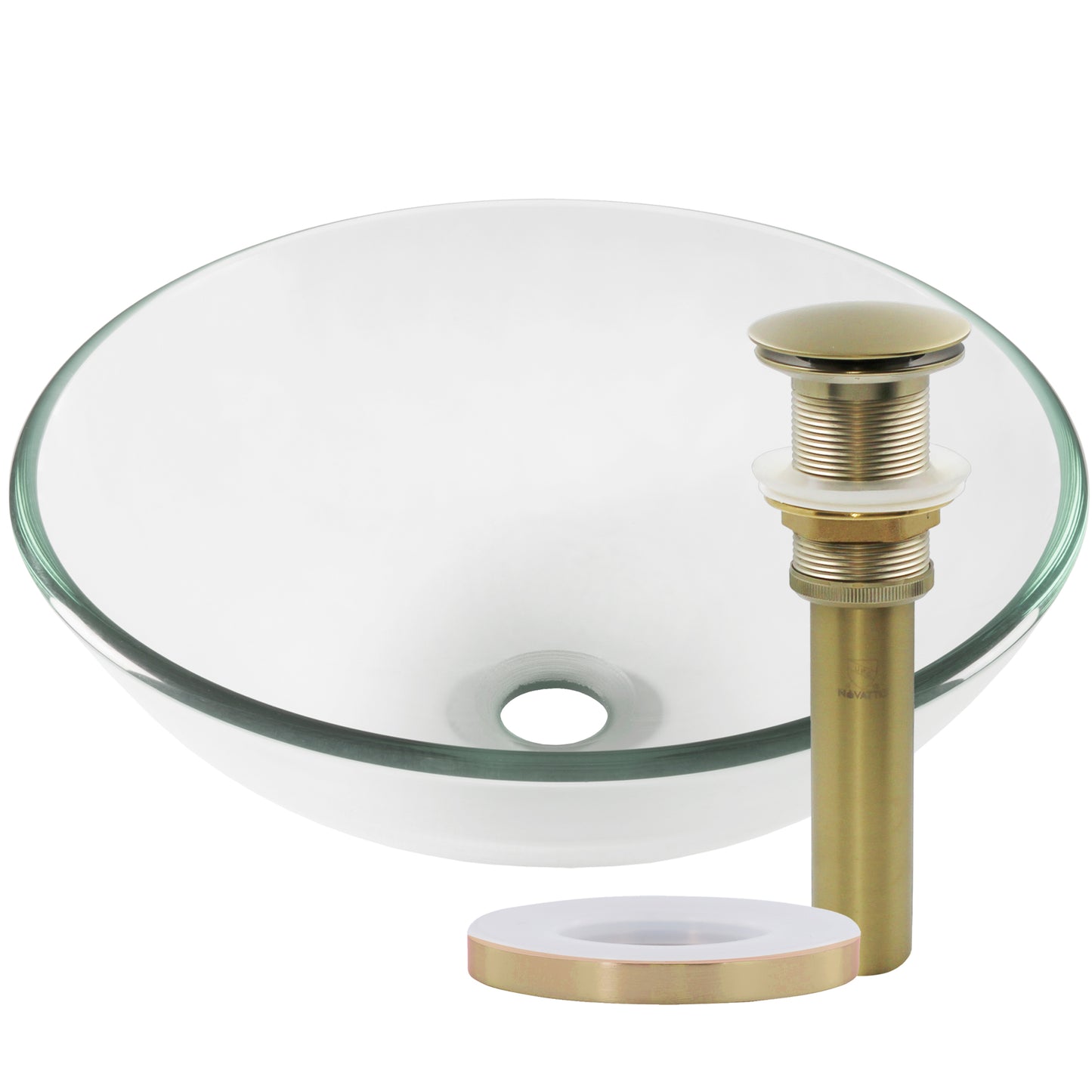 Modern clear round tempered glass vessel bathroom sink by Novatto, featuring a sleek design and smooth surface.