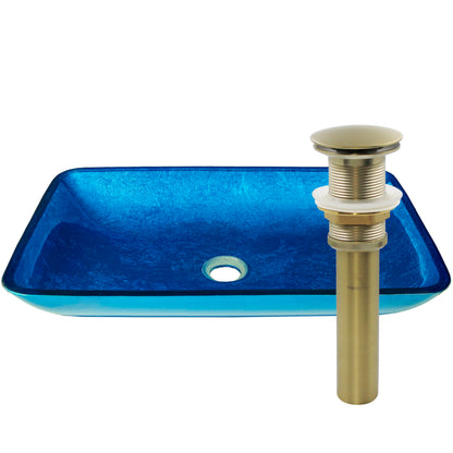 Blue hand-foiled rectangle glass vessel bathroom sink by Novatto, modern design with smooth surface and elegant shape.